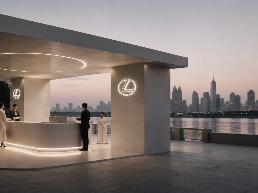 A waterfront pavilion at dusk, a city skyline behind it.