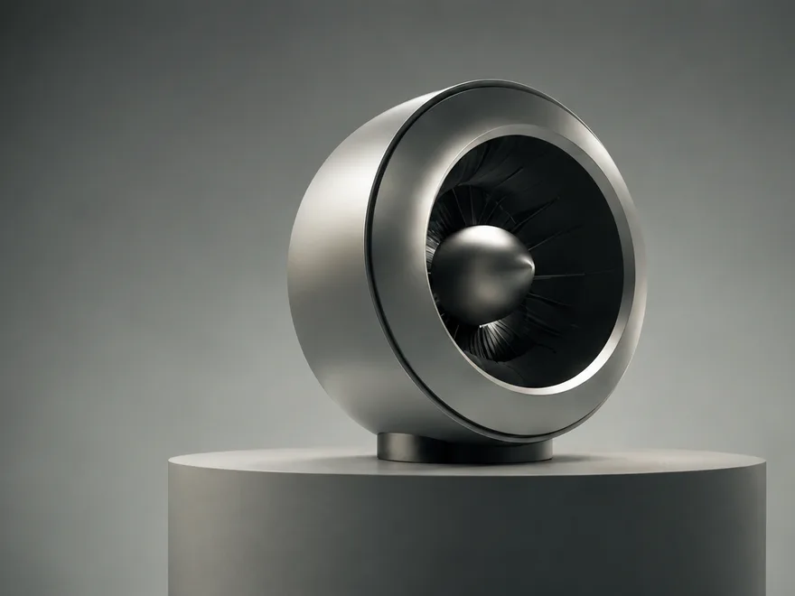 A polished metal turbine sculpture on a pedestal.